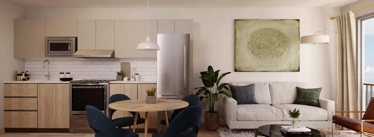 Sala, cocina y comedor de apartamento en edificio Lares 17