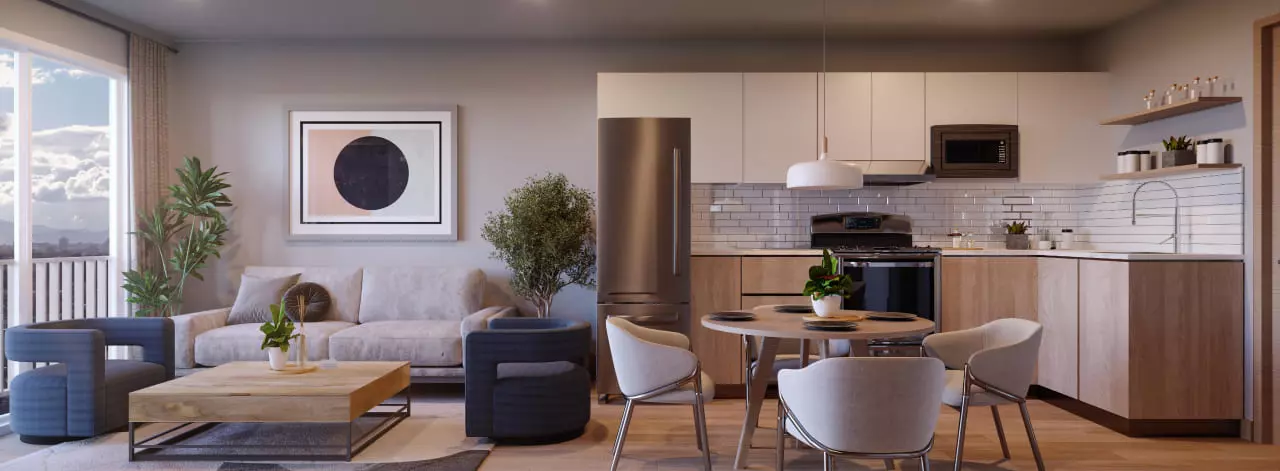 Sala, cocina y comedor de apartamento en edificio Lares 17